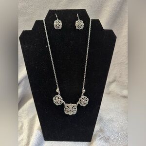 Liz Claiborne Silver Tone Filigree Necklace & Earring Set With Smoke Crystals